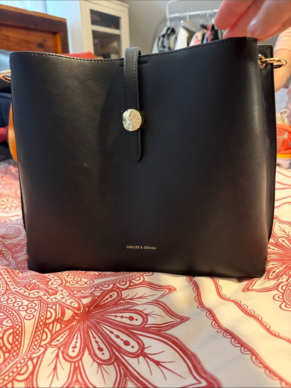 CNoles & Design Black Leather Shoulder Bag with Gold Hardware
